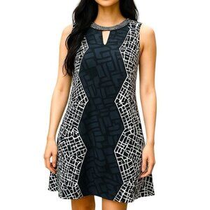 FLYO Sleeveless Dress Keyhole Geometric Chain Gem Embellished Black White Small